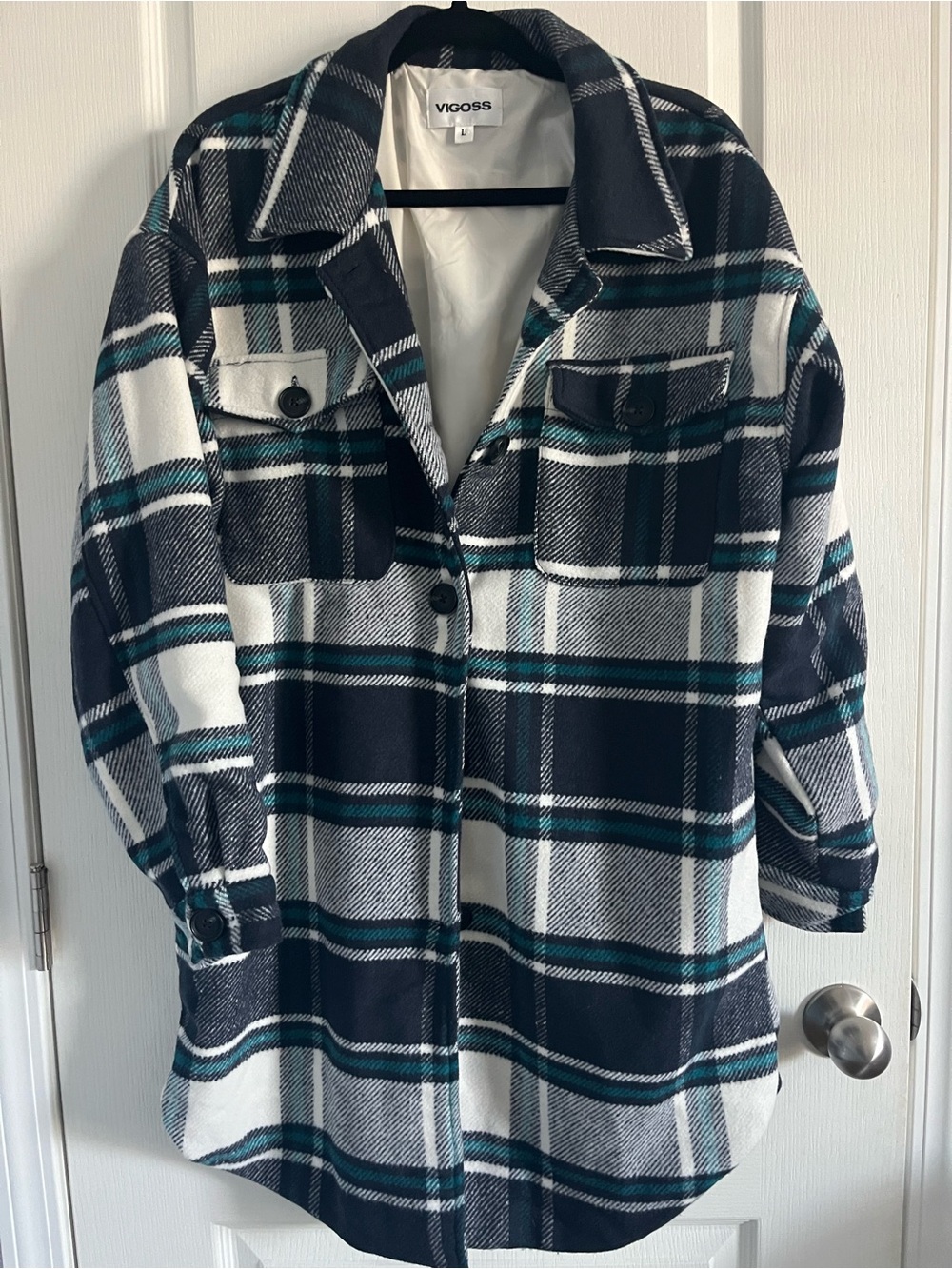 Vigoss Women's Long Navy, White & Teal Plaid Jacket Size Large